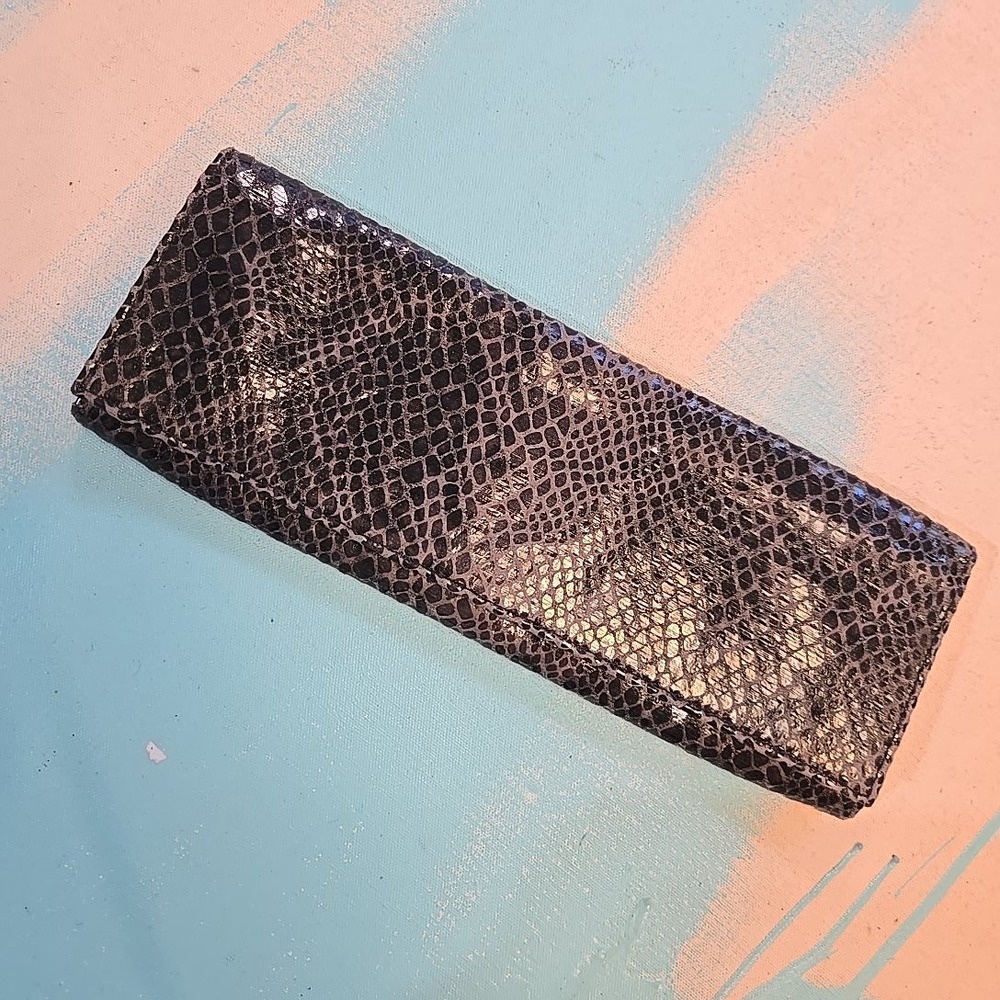 Zambos & Siega Black Envelope Clutch Faux Snake Embossed Purse 4.5x11 Structured